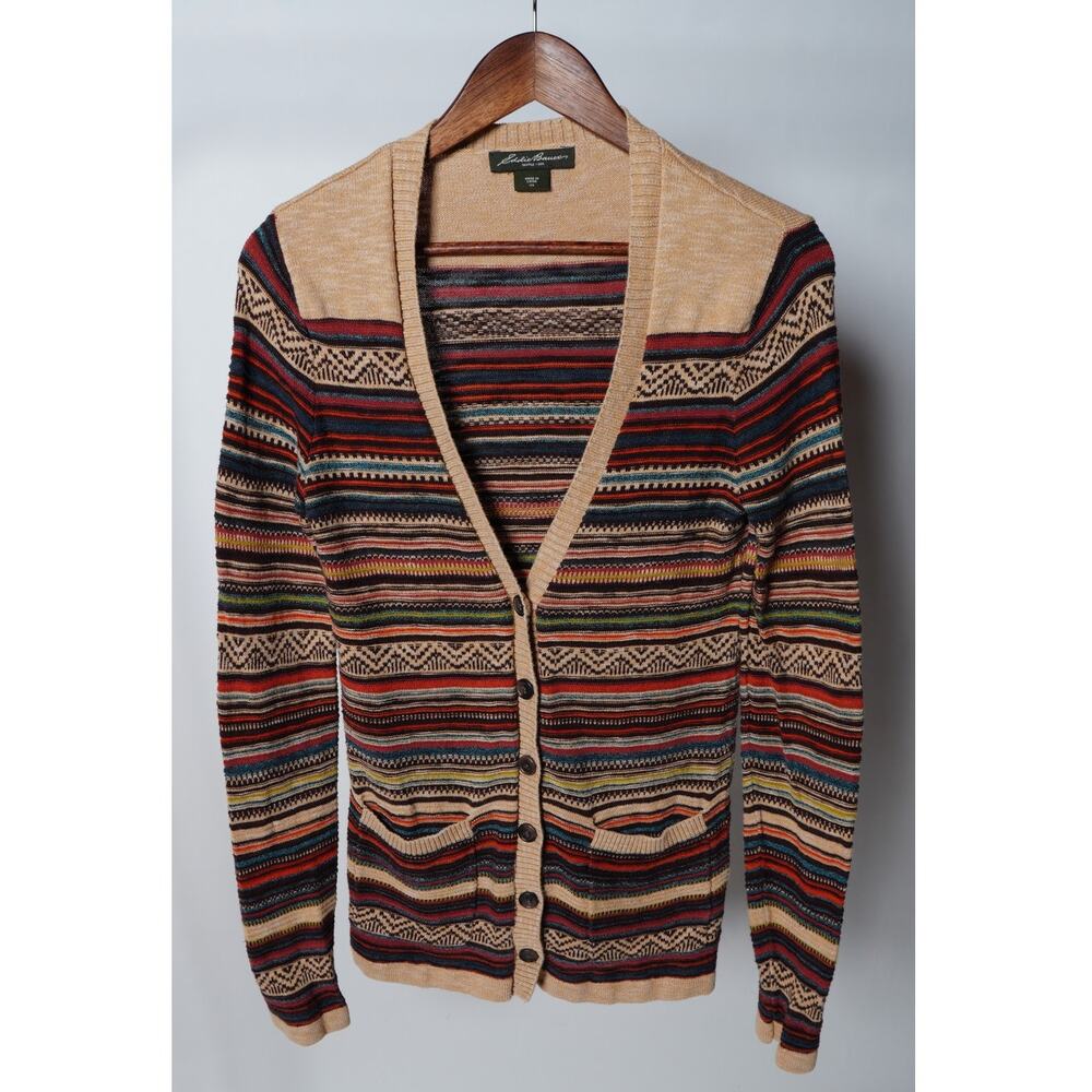 Eddie Bauer Nordic Print Tan Striped Button Down Cardigan Sweater Size XS